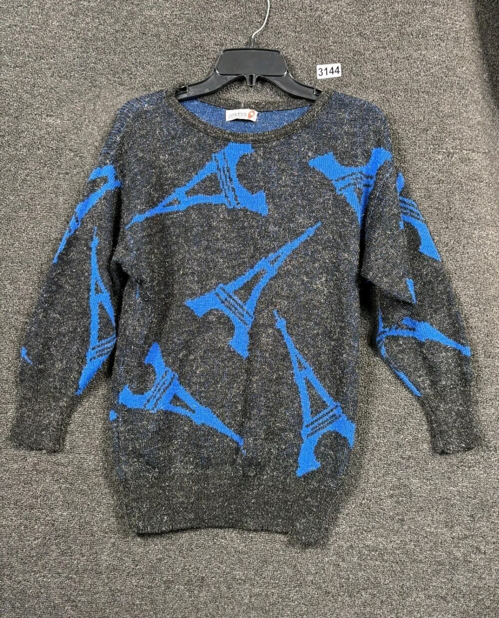 VTG Pandora Knit Sweater Eiffel Tower Print Women Size M Black Blue Long Sleeve
